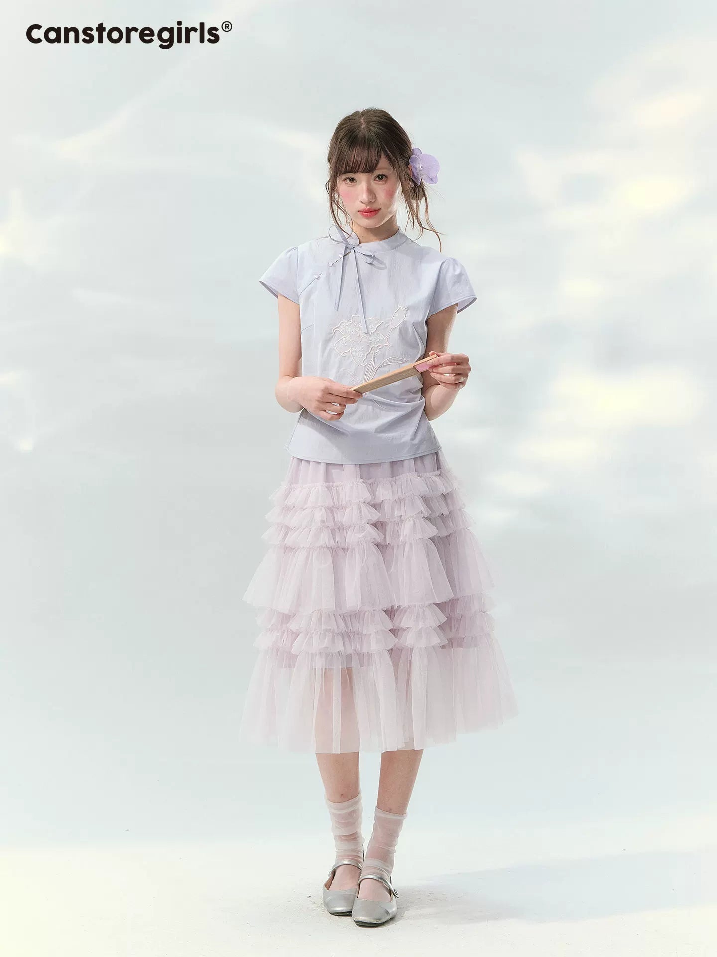 “Lilac Embroidered Whisper” Orchid Purple Mandarin Collar Blouse