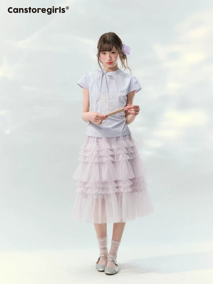 “Lilac Embroidered Whisper” Orchid Purple Mandarin Collar Blouse