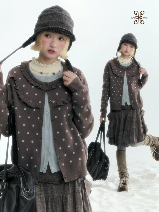 Dark Taupe Brown Polka Dot Layered Knit Sweater