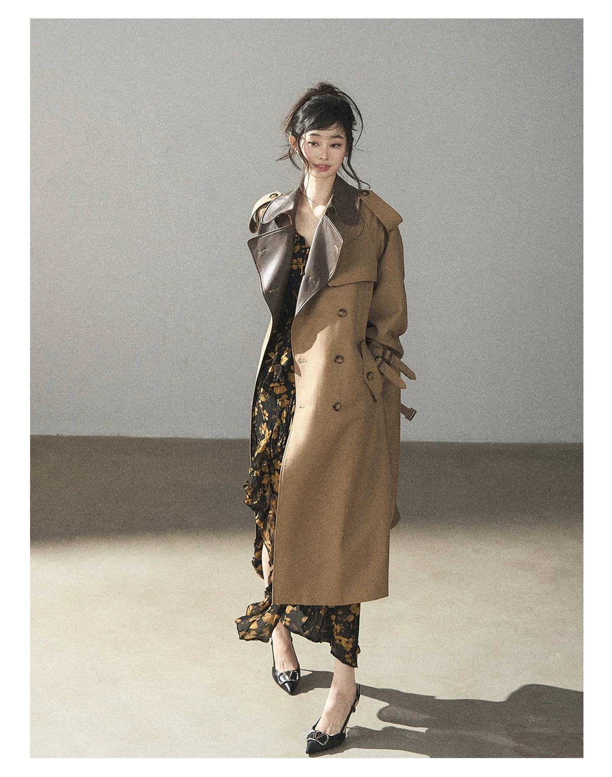 AOMALM - Chestnut Brown Long A-Line Trench Coat with Belt