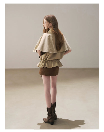 AOMALM - "Through the Oak Grove" Almond Taupe Cape Coat with Drawstring