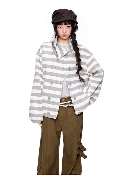 EZEK | Striped Asymmetrical Collar Cardigan Sweatshirt with Double-Breasted Buttons