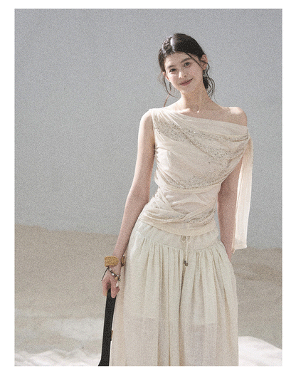 “Frosted Kiss” Dutch Cheese Crystal Mesh Sleeveless Top