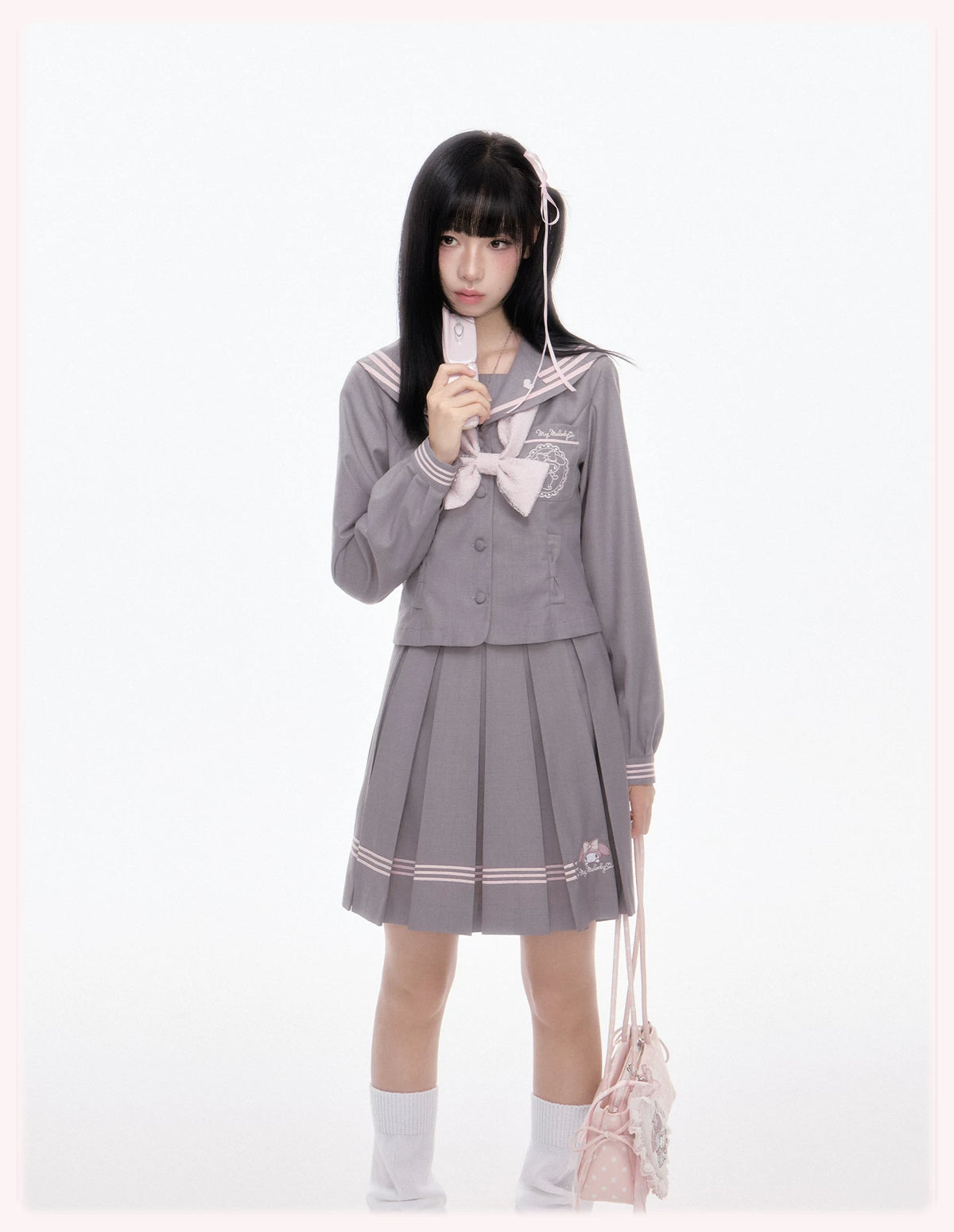 “Melody Blush” Pink-Gray Sailor School Uniform Set