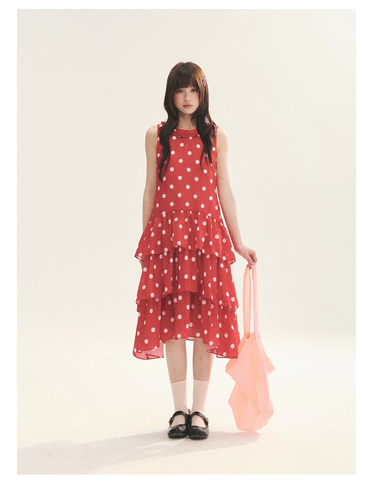 "Polka Dot Layers" Red Polka Dot Tiered A-Line Maxi Cami Dress