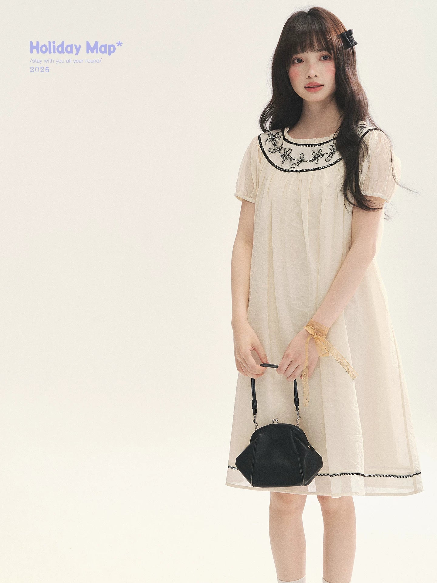 "Midnight Princess" Yellow Flower Rope Embroidered Babydoll Midi Dress