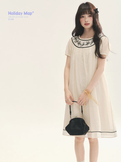 "Midnight Princess" Yellow Flower Rope Embroidered Babydoll Midi Dress