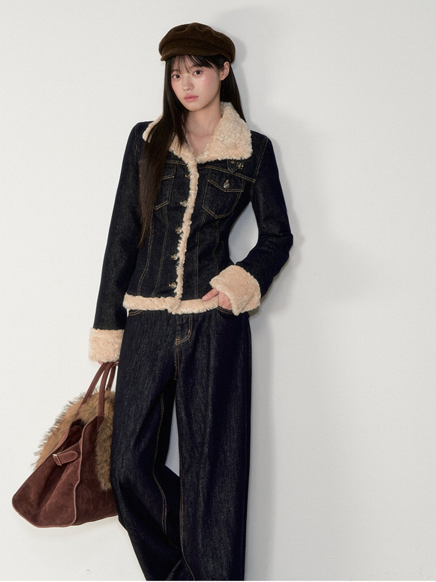 Soote Season - "Raw Denim Muse" Cinched Waist Fur-Trim Denim Down Jacket