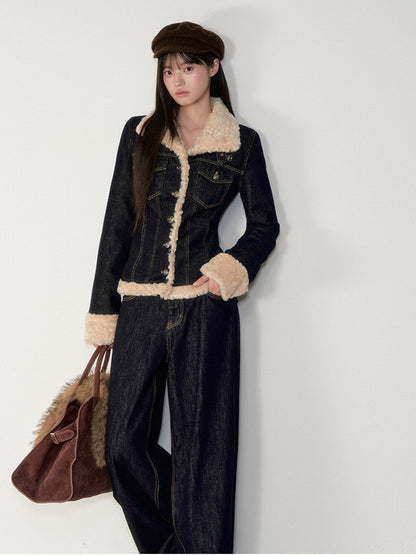 Soote Season - "Raw Denim Muse" Cinched Waist Fur-Trim Denim Down Jacket