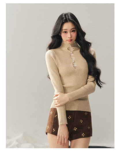 040126 "Lacewoven Dream" Mock Neck Layered Lace Knit Top - Cream Apricot