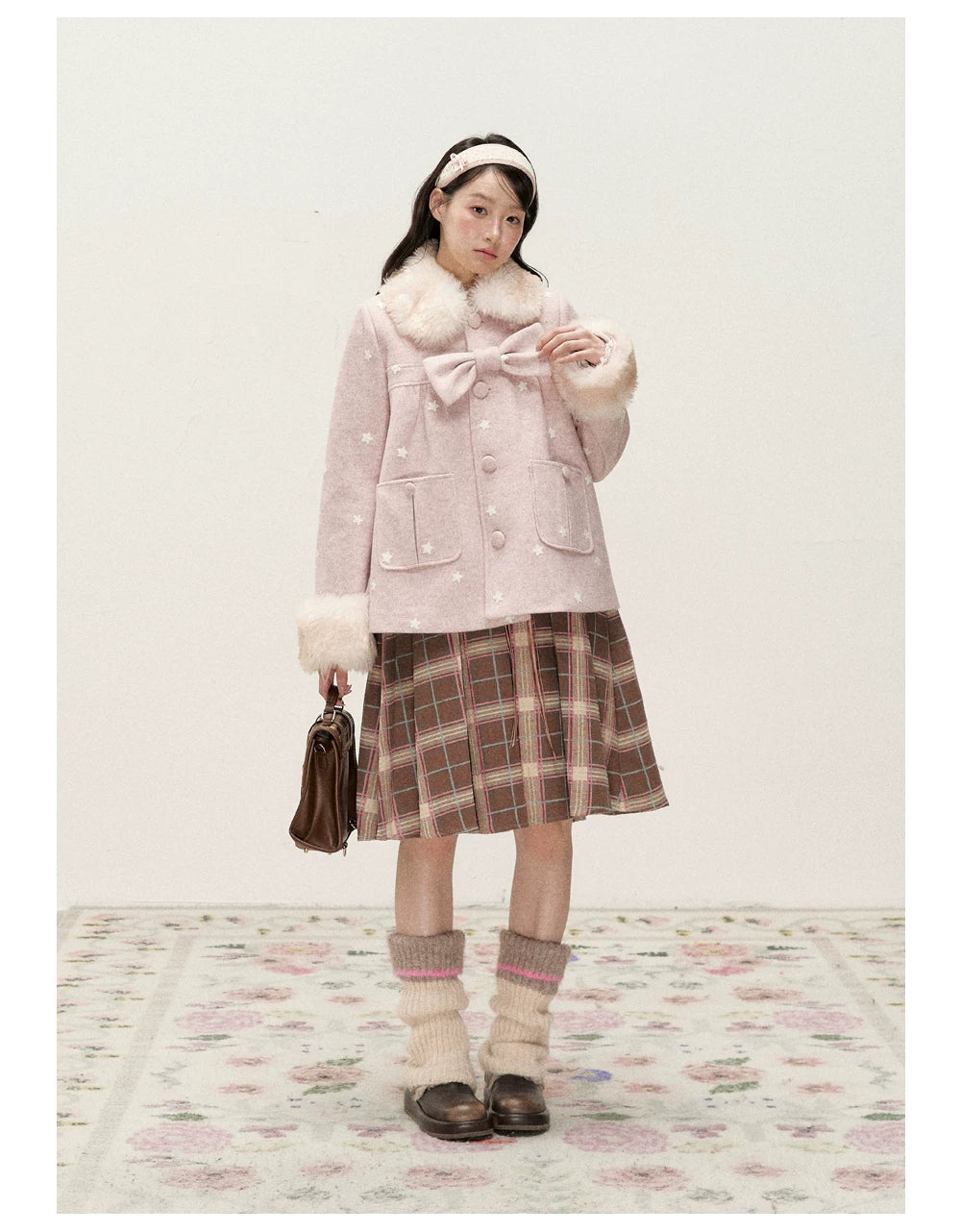 RF - Peach Pink Ombre Faux Fur Collar Wool-Look Jacket with Star Embroidery