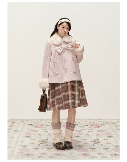 RF - Peach Pink Ombre Faux Fur Collar Wool-Look Jacket with Star Embroidery