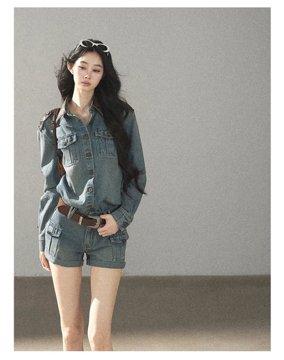 AOMALM - "Borrowed Sunshine" Vintage Blue Denim Commuter Set (Top + Shorts with Belt)