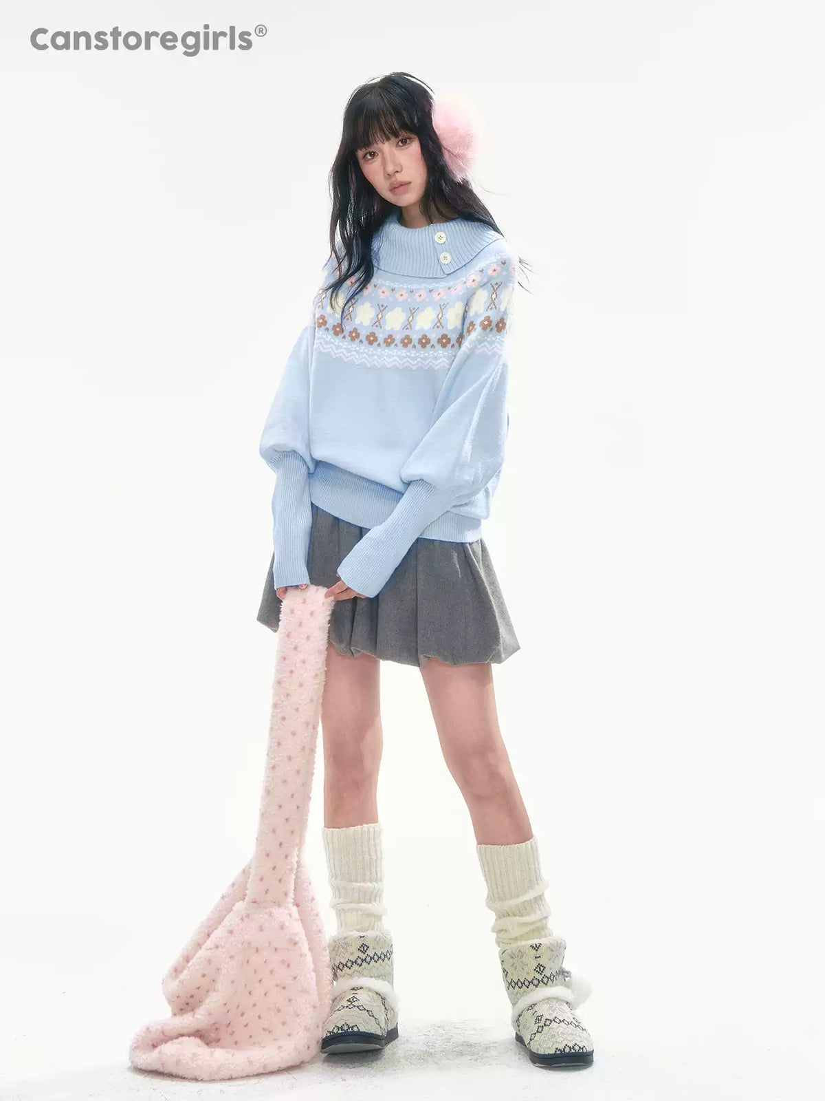 [CAN] Light Blue Floral Fair Isle Knit Sweater