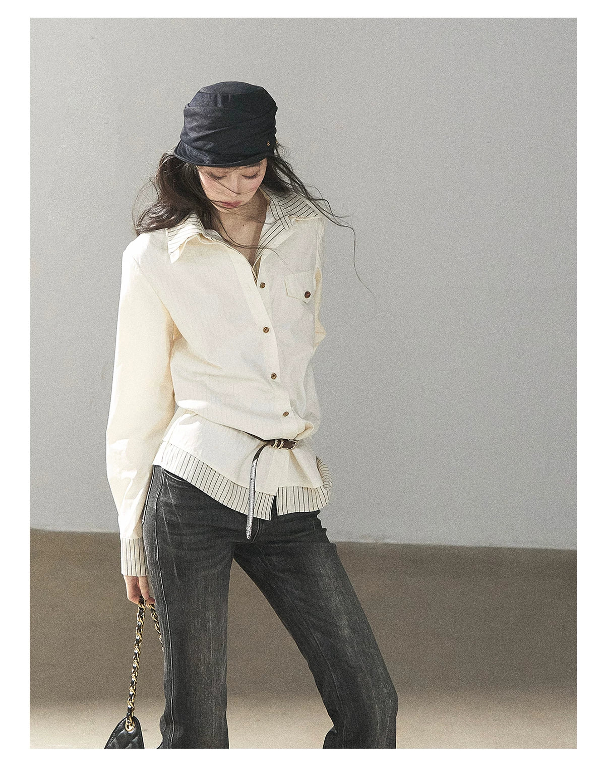 AOMALM - Cream White Stripe Belted Shirt Top