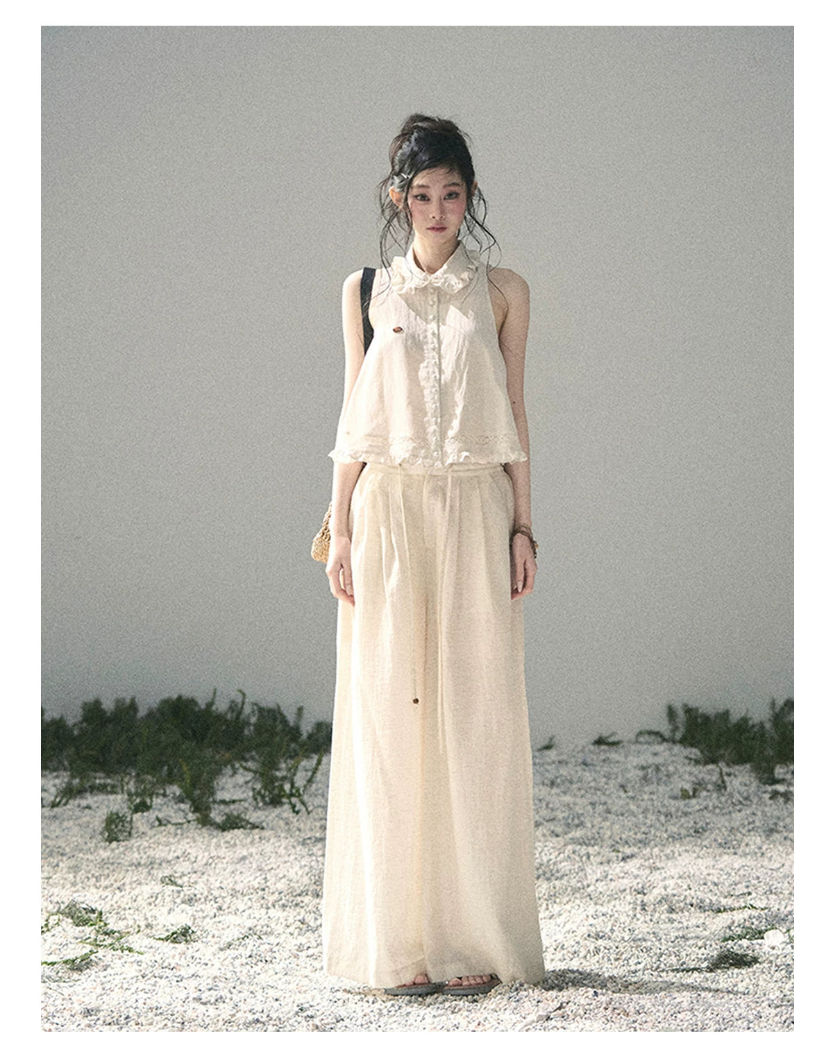"Soft Cloud Reverie" Dutch Cream Lace Top & Bubble Skirt & Wide-Leg Pants Set 5468465