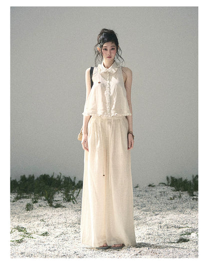 "Soft Cloud Reverie" Dutch Cream Lace Top & Bubble Skirt & Wide-Leg Pants Set 5468465
