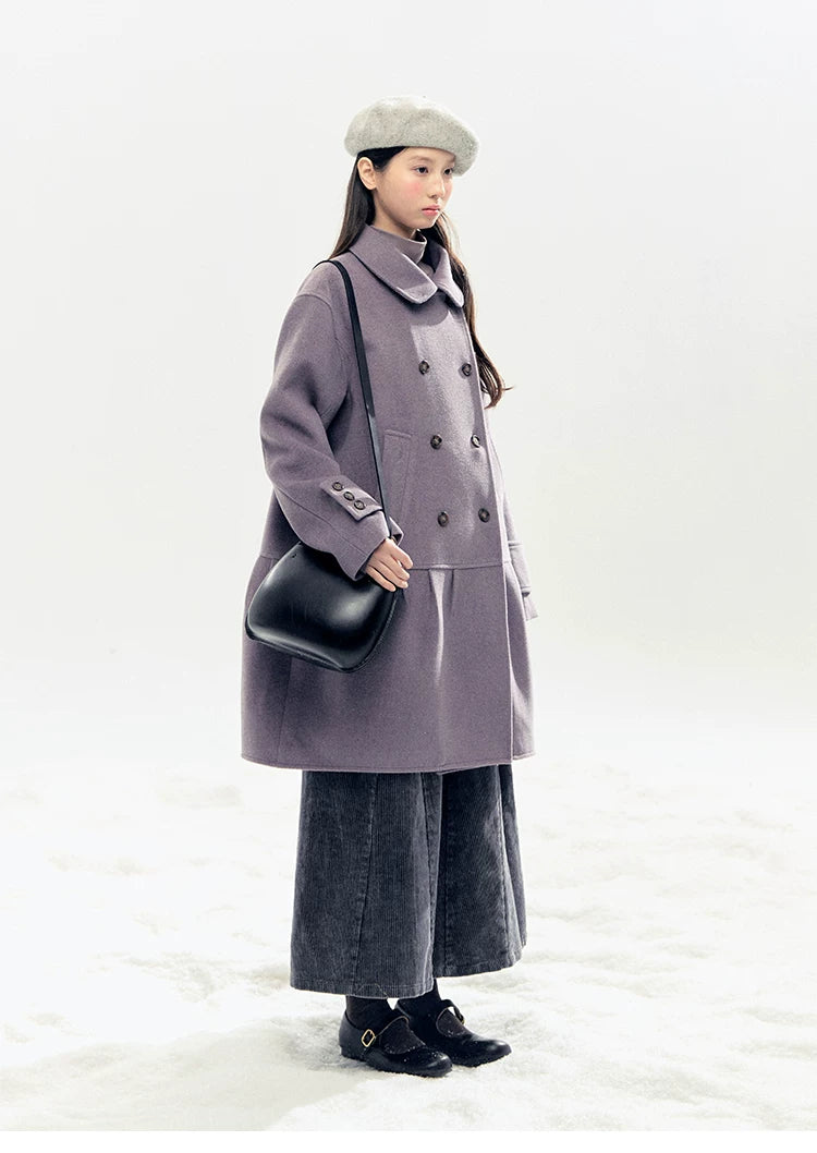 "Winter Chime" Double-Breasted Quilted Wool-Blend Coat (Smoky Purple/ Ash Gray)