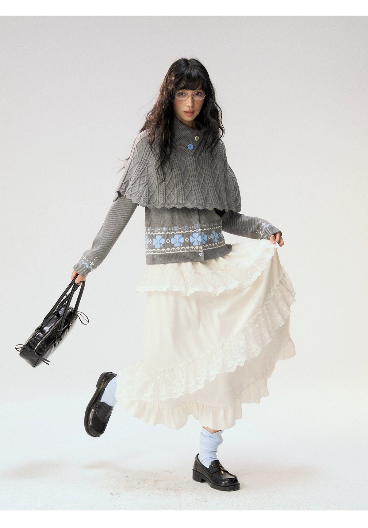 [CAN] "Witch's Wings" Gray Jacquard Knit Set (Cape Shawl / Cardigan)