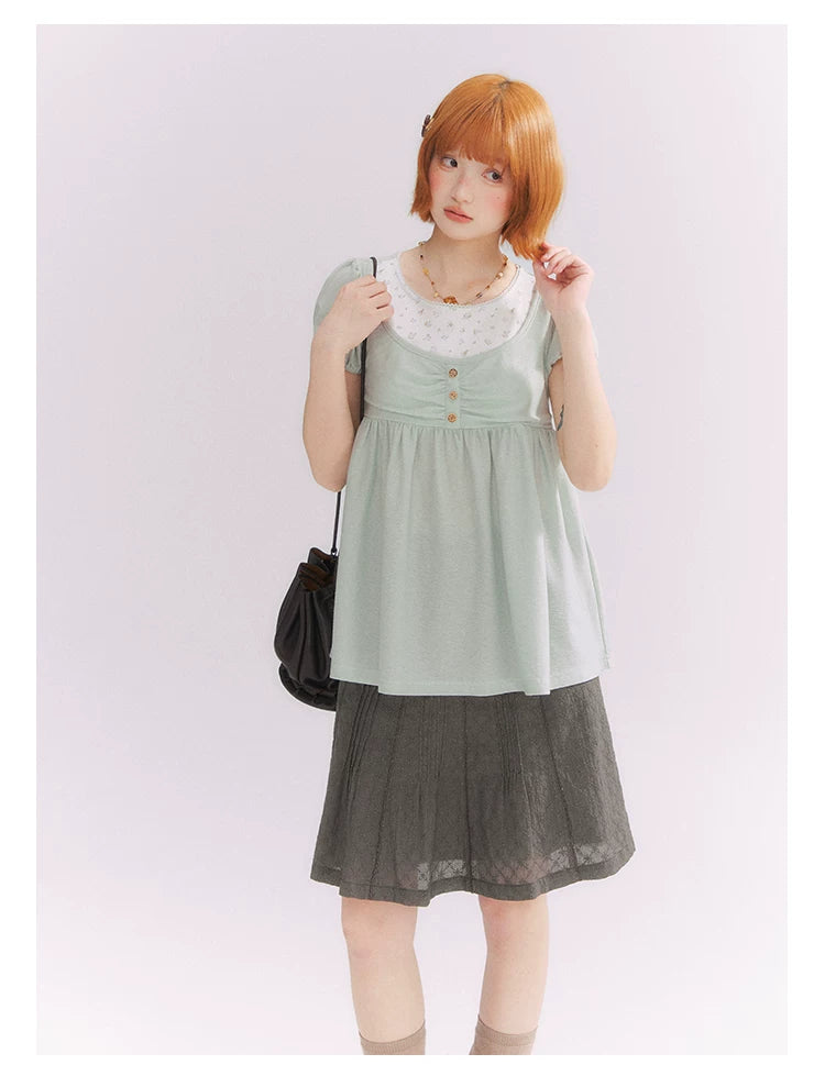 “Misty Texture” Gray Plaid Trim Embroidered A-Line Skirt