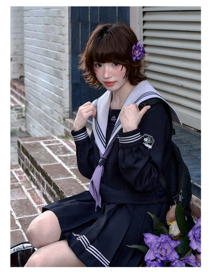 "Snow-Cleared Lily" Gray-Lilac JK Long-Sleeve Sailor Uniform Set