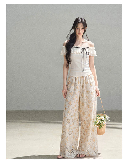 AOMALM - "A Cloud in Bloom" Primrose Yellow Floral Embroidered Lace Wide-Leg Pants