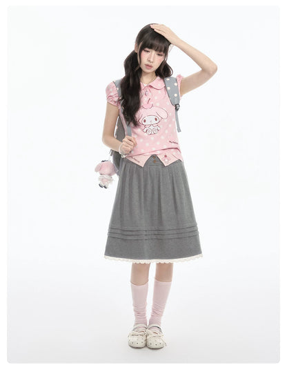 "Sweet Melody" Pink Casual Collection (Polka Dot Puff Sleeve Tee / Pleated Skirt / Bubble Skirt)