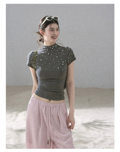 "Scattered Across the Milky Way" Pearl Beaded Knit T-Shirt (Haze Blue/ Sage Gray)