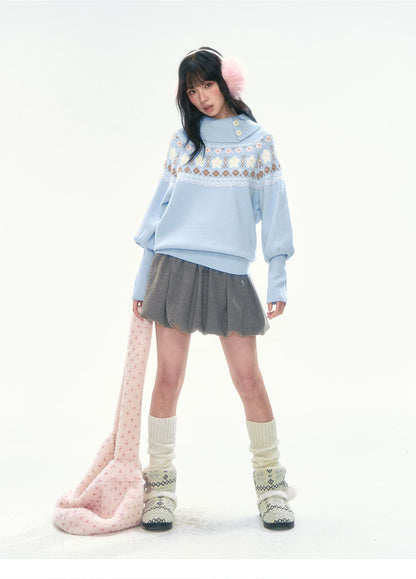 [CAN] Light Blue Floral Fair Isle Knit Sweater