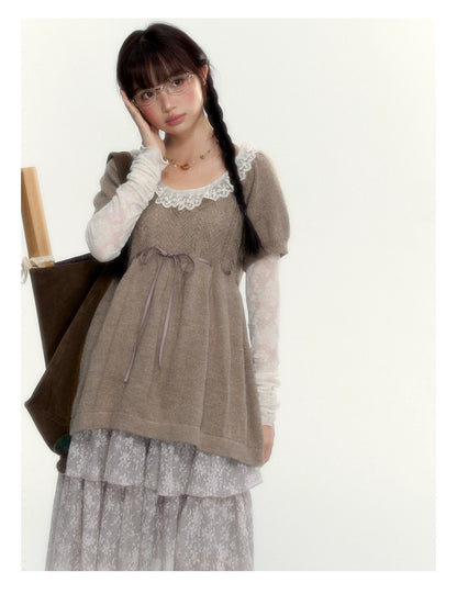 “Everyday Mist” Jacquard Lace Layering Top ( Ivory / Fog Gray )