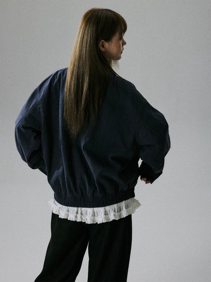 LOST FOREST - Navy Ruffle-Trim Cotton Jacket