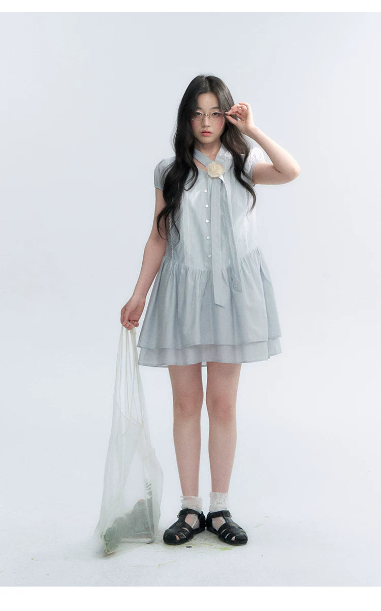 "Cedar Salt" Cool Moon Blue Lace Trim Puff Sleeve Dress