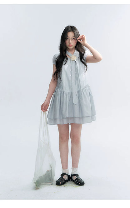 "Cedar Salt" Cool Moon Blue Lace Trim Puff Sleeve Dress