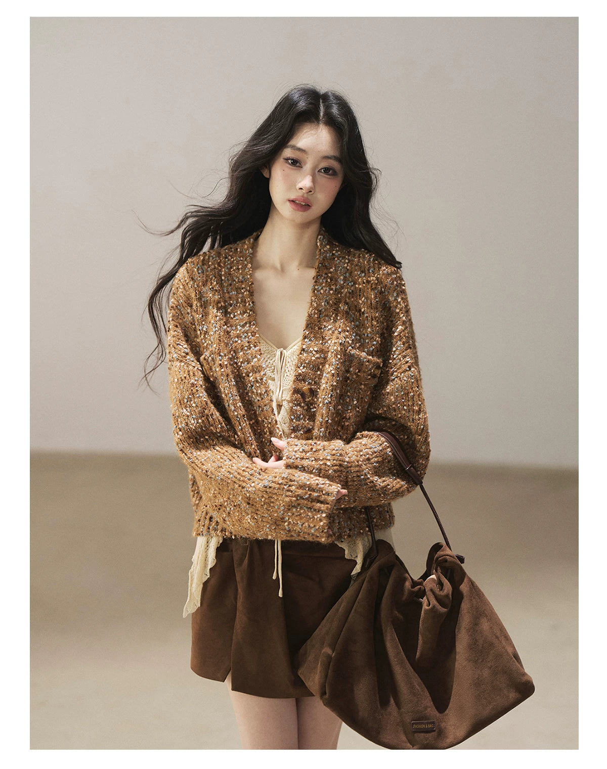 AOMALM - "The Gap of Light" Cheese Yellow Korean Ruffle Lace-Trim Knit Cardigan
