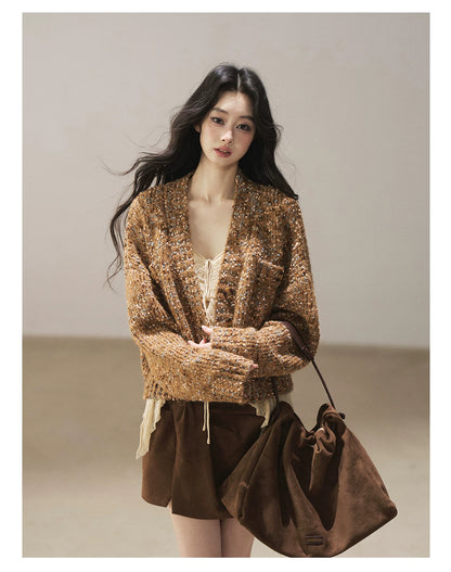 AOMALM - "The Gap of Light" Cheese Yellow Korean Ruffle Lace-Trim Knit Cardigan
