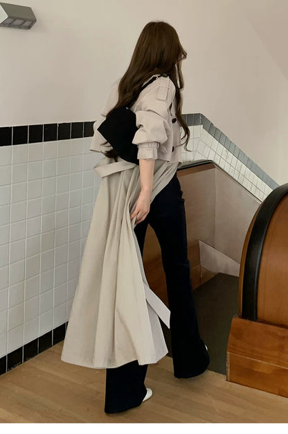 LaluneDuCiel - Beige Gray Double-Breasted Long Trench Coat