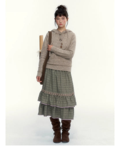 Oatmeal Ribbed-Hem Hooded Knit Sweater