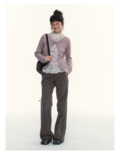 Korean Contrast Bow-Tie Layered Knit Cardigan (Blue / Purple)