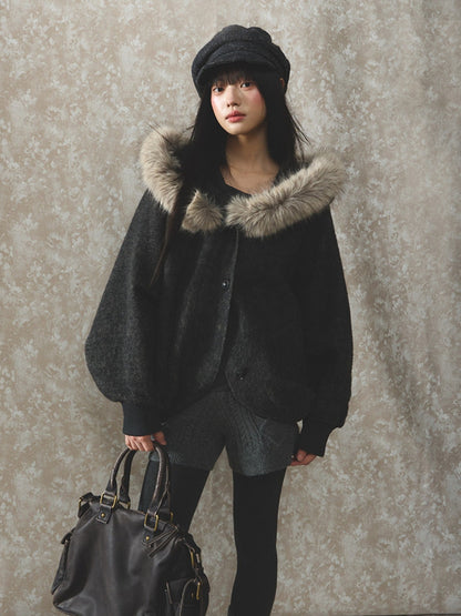 Soote Season - Dark Gray Wool Batwing Cape Coat with Faux-Fur Collar