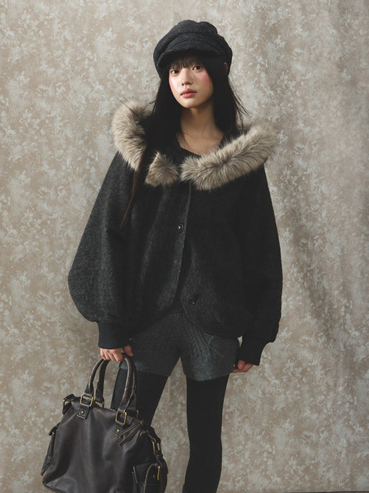 Soote Season - Dark Gray Wool Batwing Cape Coat with Faux-Fur Collar