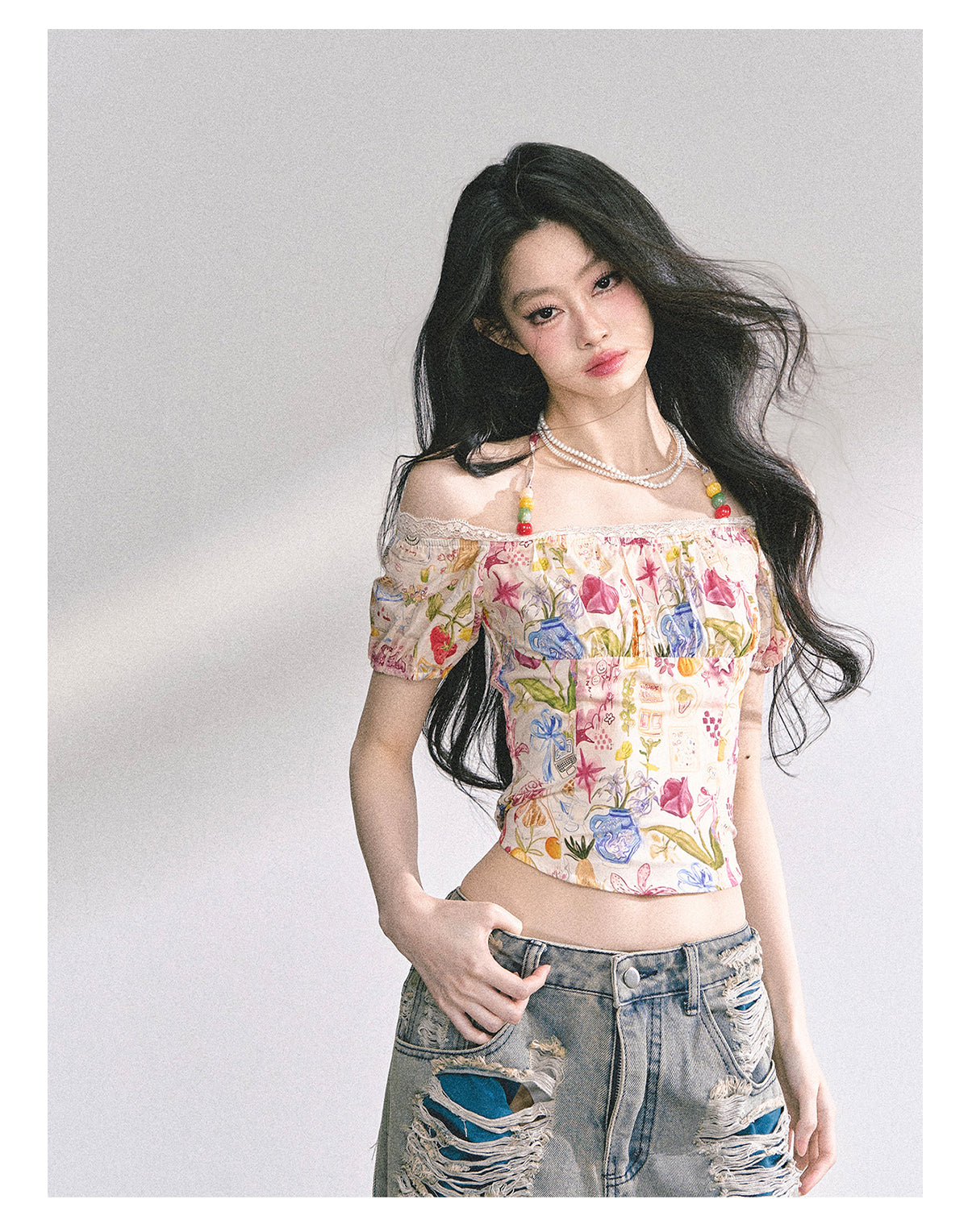 少也眼 “Verona Bloom" Off-Shoulder Halter Lace Top 5464644485