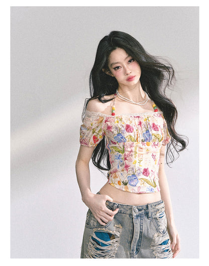 少也眼 “Verona Bloom" Off-Shoulder Halter Lace Top 5464644485