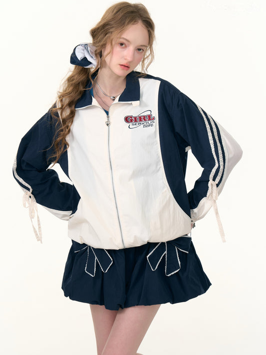 ZiziFei - Retro Zip-Up Jacket with Lace & Drawstring Details