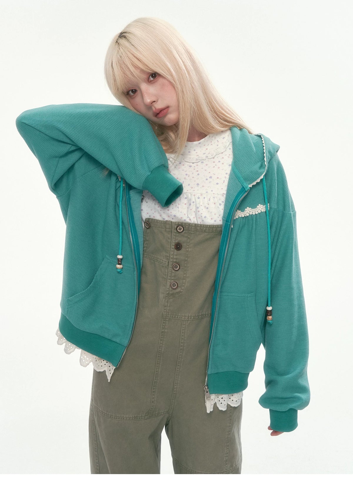 [CAN] Olive Green Floral-Trim Cargo Overalls