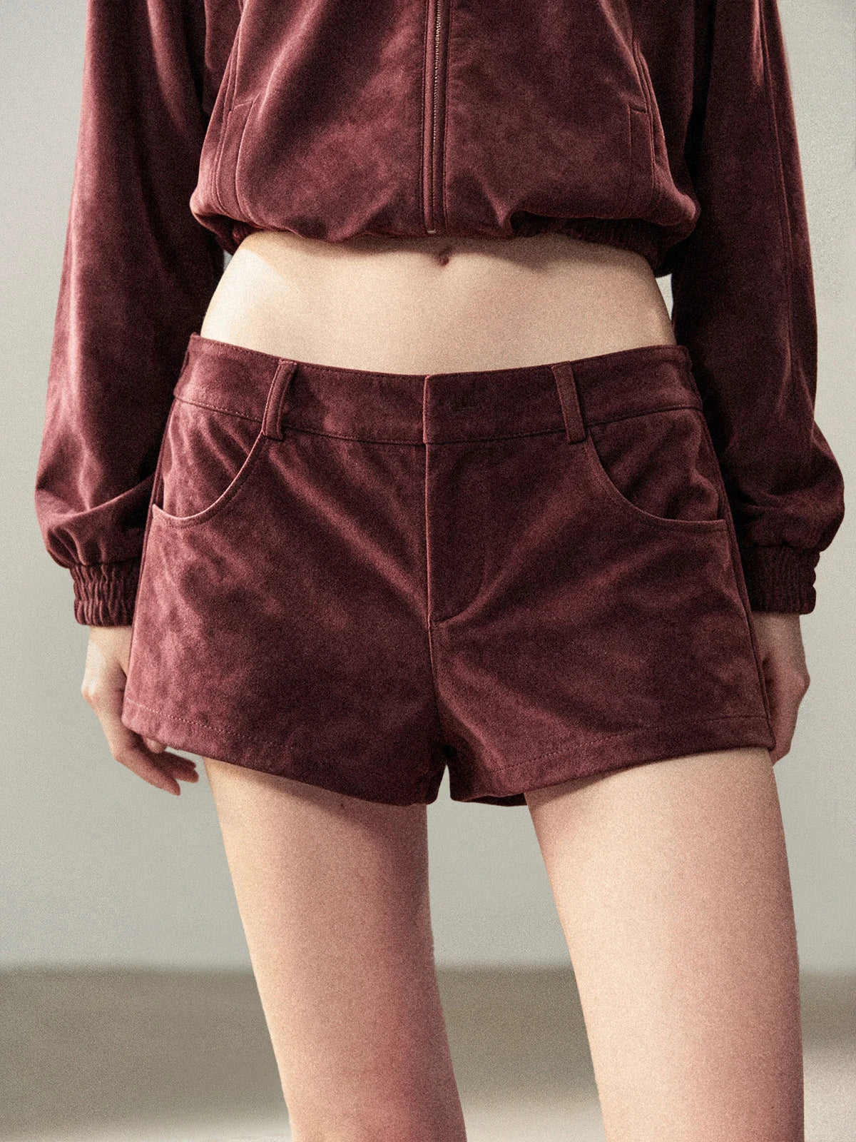 AOMALM - Burgundy PU Suede Jacket & A-Line Shorts Set