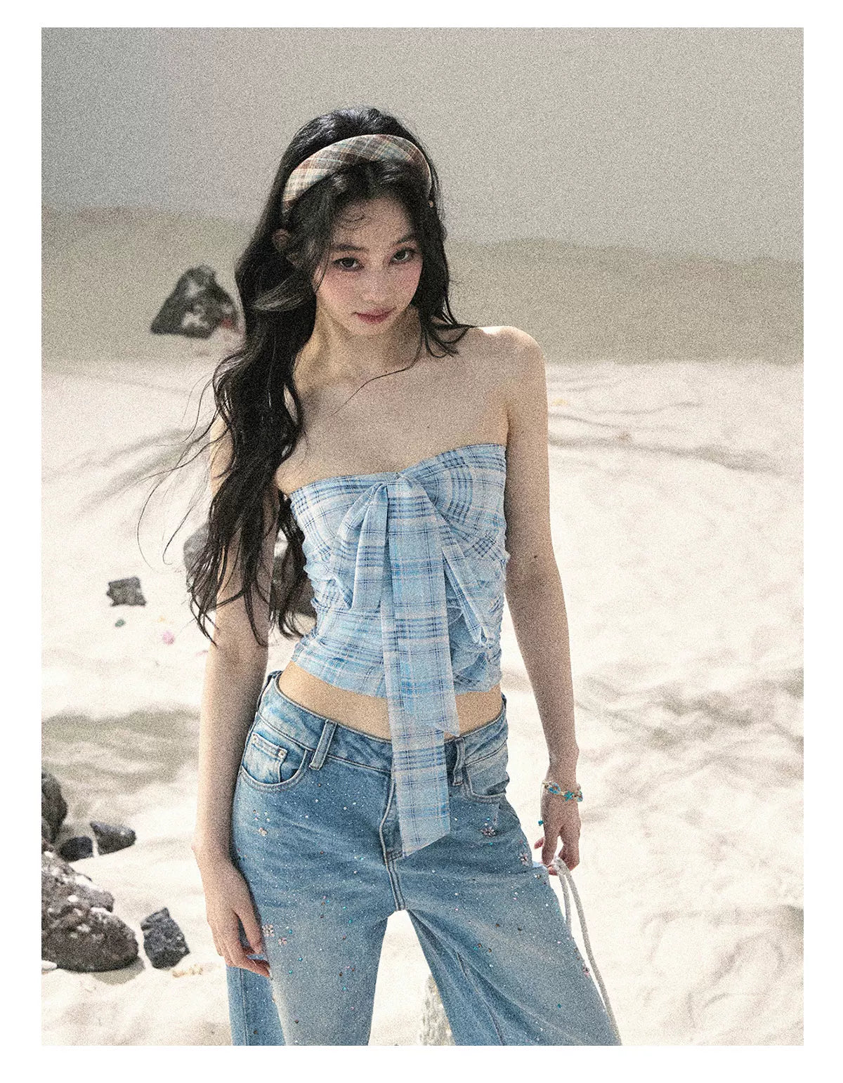 "Blue Danube Reverie" Mist Blue Bow Bandeau Crop Top & Cardigan Set 54638463