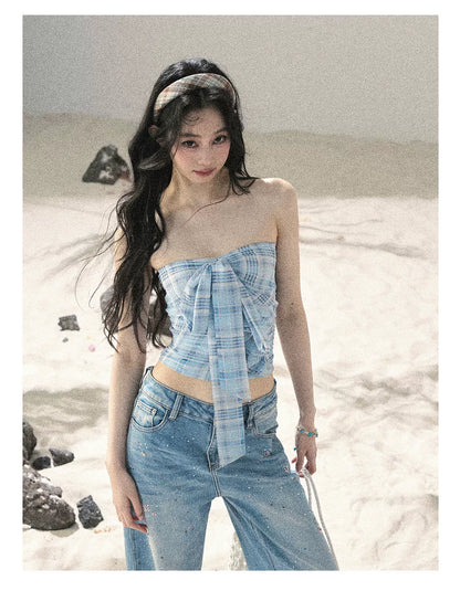 "Blue Danube Reverie" Mist Blue Bow Bandeau Crop Top & Cardigan Set 54638463