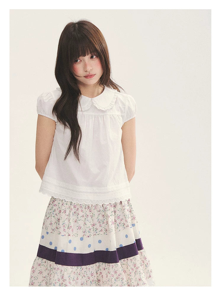 "Cotton Cloud" White Ruffle Collar Puff Sleeve Babydoll Top