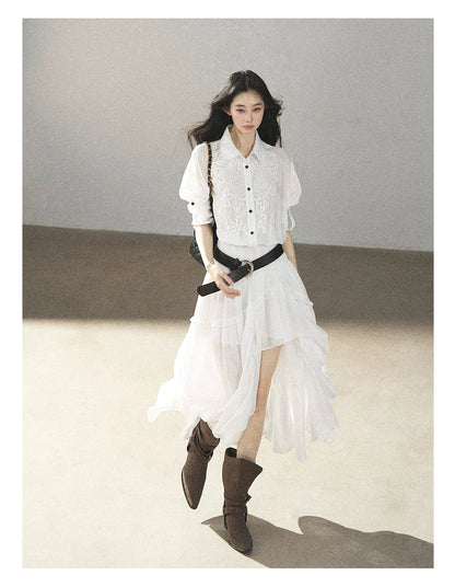 AOMALM - “Her Hemline” White Lace Shirt Dress with Belt