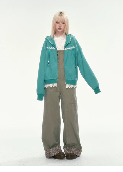 [CAN] Green Lace-Trim Waffle Knit Zip-Up Hoodie